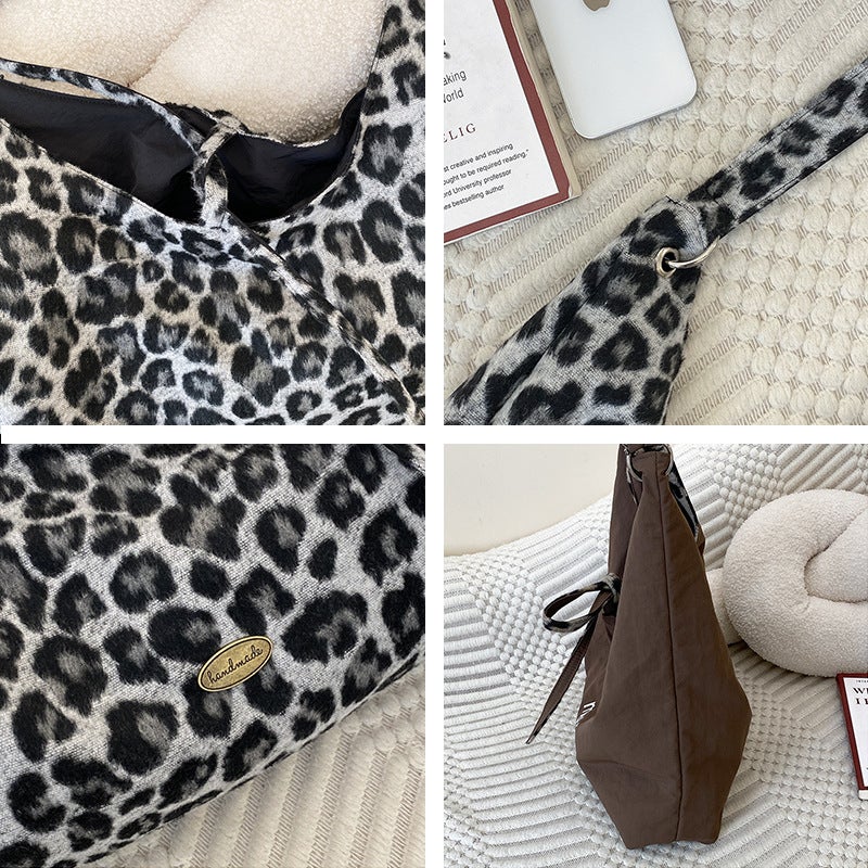Autumn Woolen Leopard Print Large Bag Women'S Fashionable Korean Style Tote Bag Casual Large Capacity Underarm Bag - Image 5