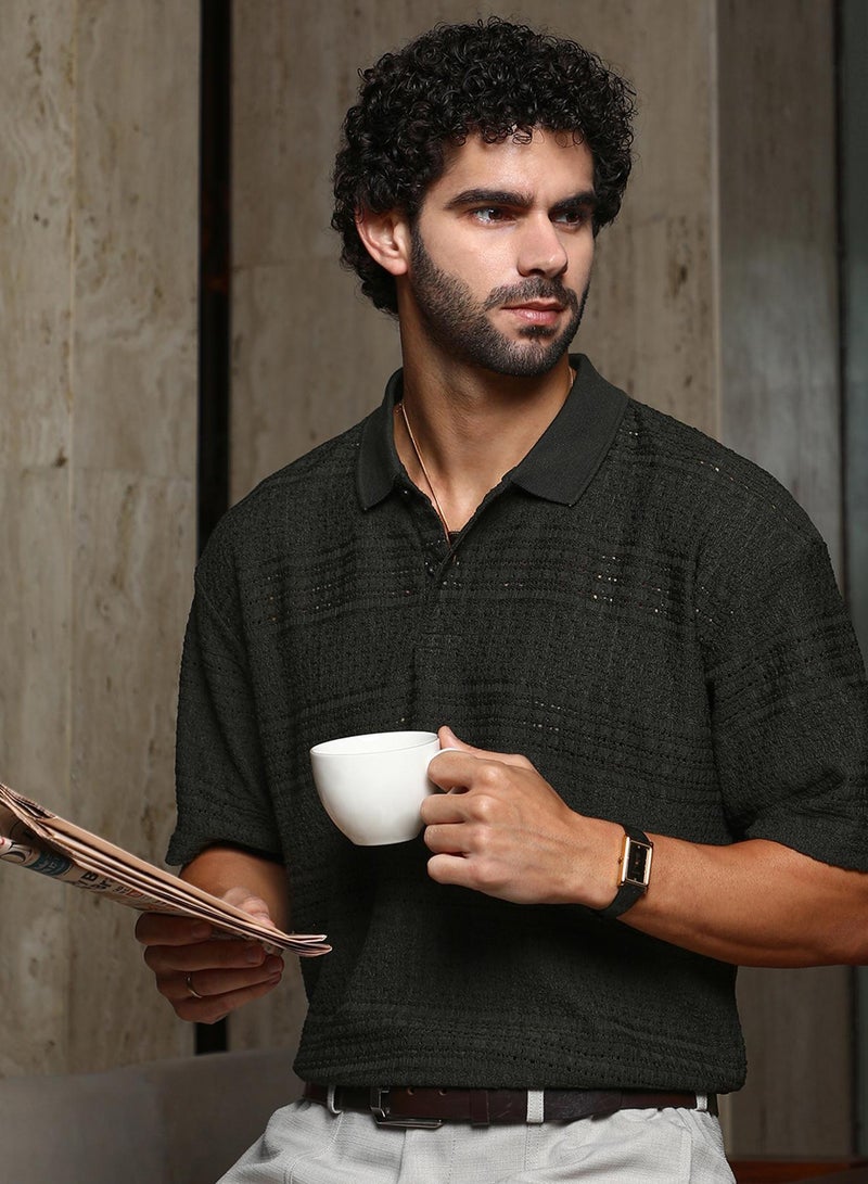 Campus Sutra Men's Midnight Black Bohomian Oversized Polo T-Shirt - Image 1