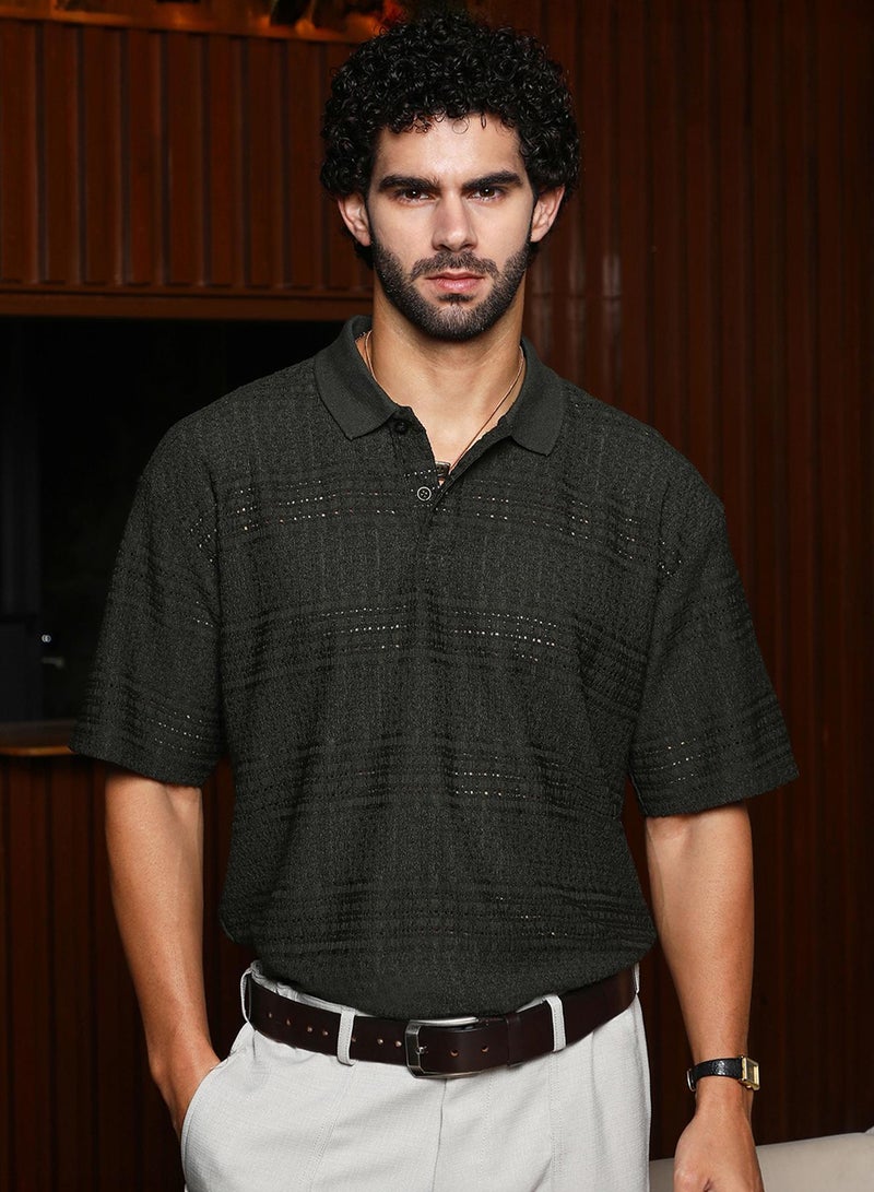 Campus Sutra Men's Midnight Black Bohomian Oversized Polo T-Shirt - Image 2