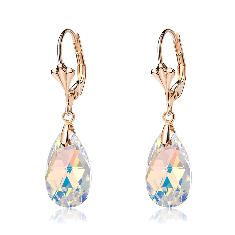 EVEVIC Austrian Crystal Teardrop Leverback Dangle Earrings for Women Fashion 14K Gold Plated Hypoallergenic Jewelry (Aurora Borealis) - Image 1
