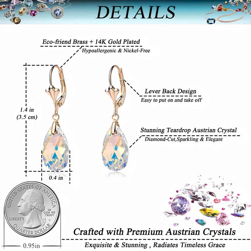 EVEVIC Austrian Crystal Teardrop Leverback Dangle Earrings for Women Fashion 14K Gold Plated Hypoallergenic Jewelry (Aurora Borealis) - Image 4
