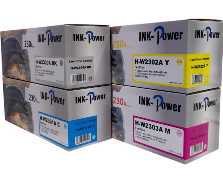 اينك باور خراطيش حبر 230A رباعية الألوان متوافقة مع خراطيش حبر HP 2300A و2300A W2300A-W23003A. خراطيش حبر طابعات الليزر W2300A (أسود، سماوي، أصفر، أرجواني) تُستخدم مع طابعات LaserJet Pro 4203dn و4203cdn و4203dw وMFP و4303fdw و4303fdn و4303dw. - Image 2