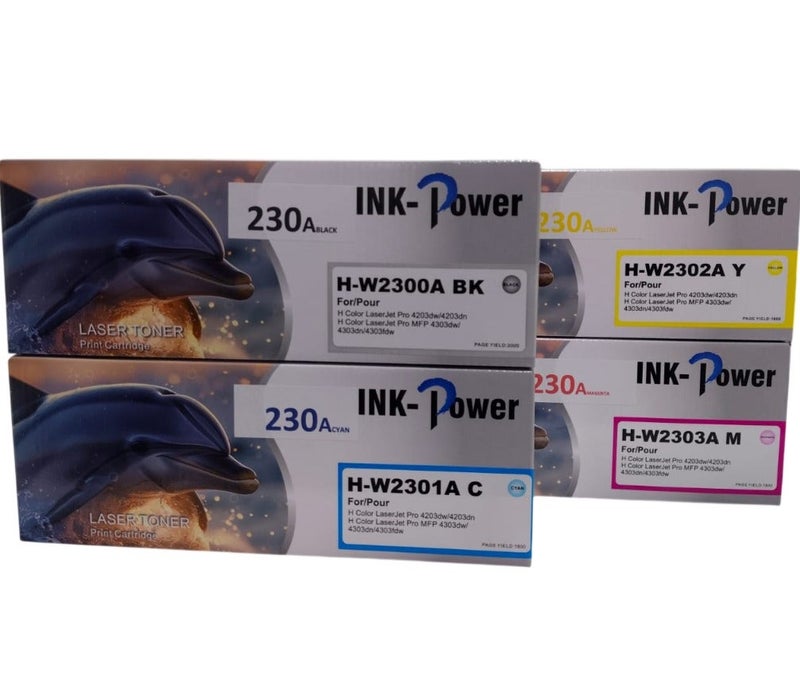 اينك باور خراطيش حبر 230A رباعية الألوان متوافقة مع خراطيش حبر HP 2300A و2300A W2300A-W23003A. خراطيش حبر طابعات الليزر W2300A (أسود، سماوي، أصفر، أرجواني) تُستخدم مع طابعات LaserJet Pro 4203dn و4203cdn و4203dw وMFP و4303fdw و4303fdn و4303dw. - Image 1