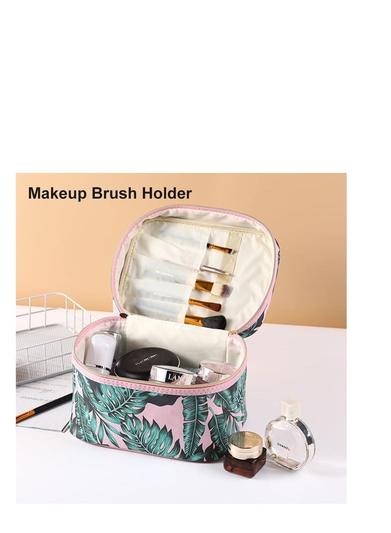 SYOSI Makeup Bag Large Makeup Bag for Women Waterproof Organizer Case with Toiletry Bags Green Leaf Print Cosmetic Bags With Makeup Brush Holder Travel Toiletry Storage Bag (Pink) - Image 4