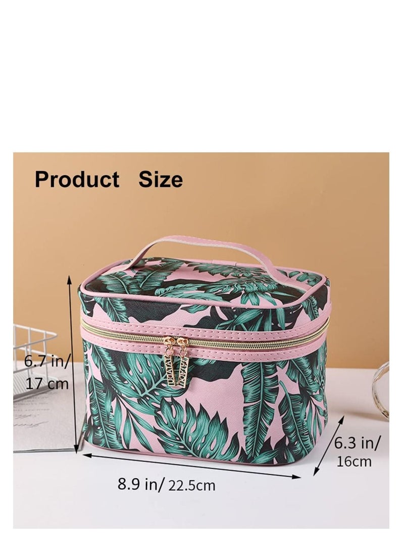 SYOSI Makeup Bag Large Makeup Bag for Women Waterproof Organizer Case with Toiletry Bags Green Leaf Print Cosmetic Bags With Makeup Brush Holder Travel Toiletry Storage Bag (Pink) - Image 3
