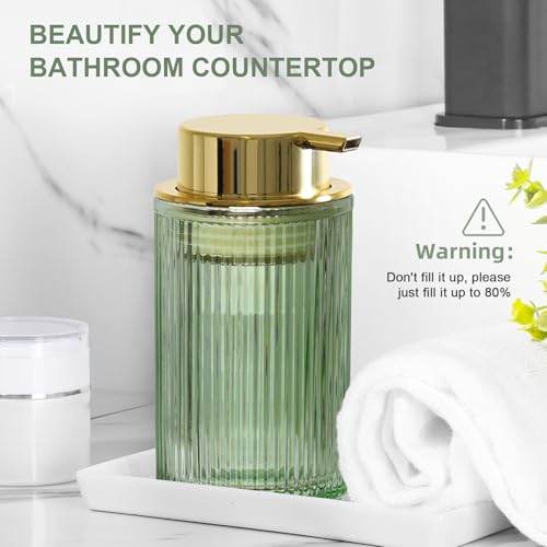 KASUNTING Green Glass Foaming Soap Dispenser, Ribbed Foam Hand Soap Dispenser for Bathroom, 11 Fl Oz Refillable Foaming Pump Bottle with Black Pump, Modern Dish Soap Foam Dispenser - Image 5