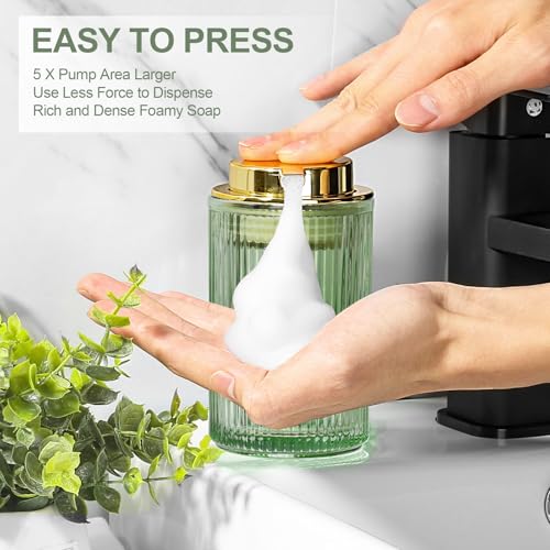 KASUNTING Green Glass Foaming Soap Dispenser, Ribbed Foam Hand Soap Dispenser for Bathroom, 11 Fl Oz Refillable Foaming Pump Bottle with Black Pump, Modern Dish Soap Foam Dispenser - Image 4