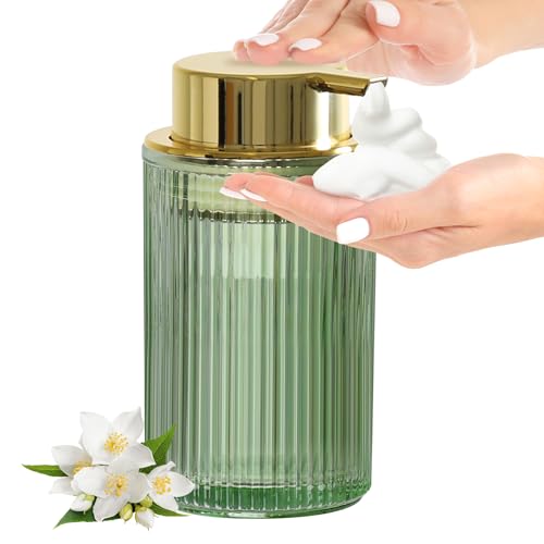 KASUNTING Green Glass Foaming Soap Dispenser, Ribbed Foam Hand Soap Dispenser for Bathroom, 11 Fl Oz Refillable Foaming Pump Bottle with Black Pump, Modern Dish Soap Foam Dispenser - Image 1