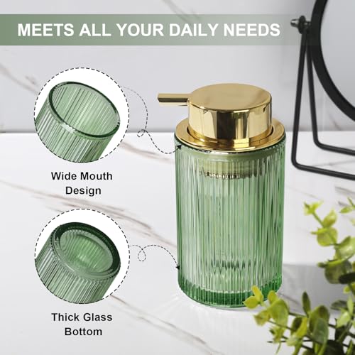 KASUNTING Green Glass Foaming Soap Dispenser, Ribbed Foam Hand Soap Dispenser for Bathroom, 11 Fl Oz Refillable Foaming Pump Bottle with Black Pump, Modern Dish Soap Foam Dispenser - Image 3
