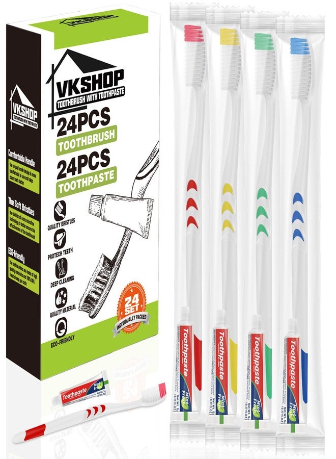 VKshop مجموعة فرش أسنان للسفر من VKshop، 24 فرشاة مغلفة بشكل فردي مع معجون أسنان، مجموعة فرش أسنان للاستخدام مرة واحدة، فرش أسنان ناعمة للبالغين للسفر والفنادق ورحلات العمل، للاستخدام اليومي (أبيض، معجون أسنان 5 غرام) - Image 1
