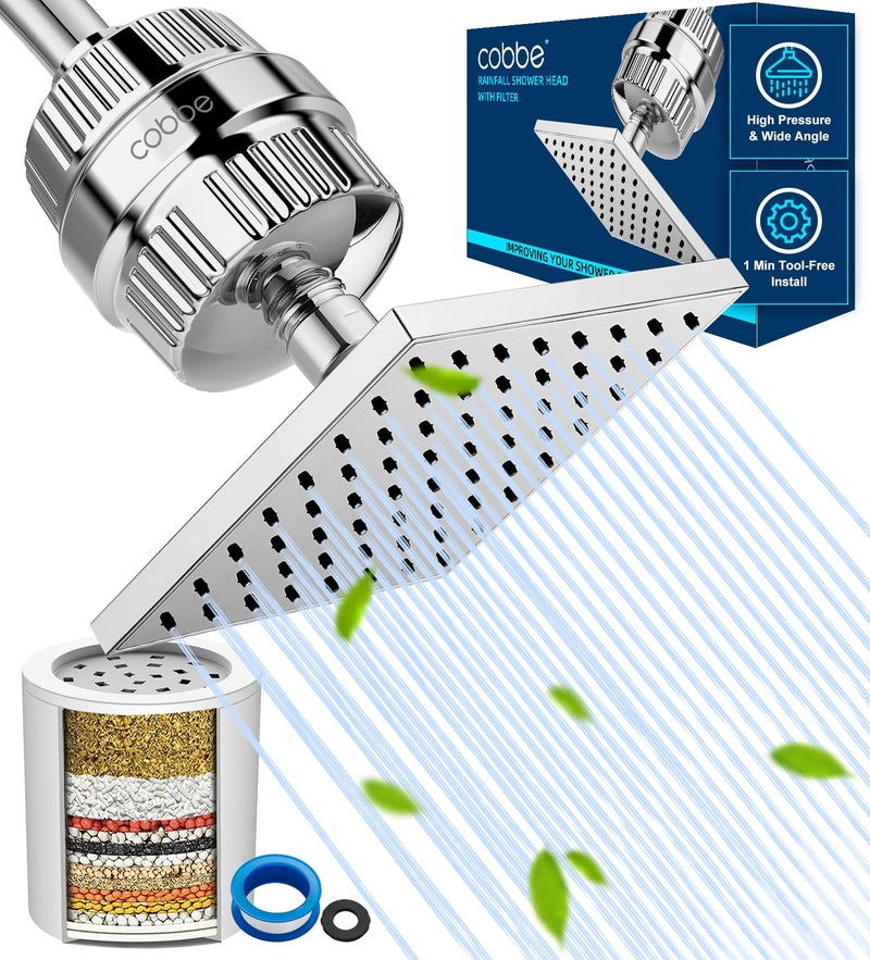 Cobbe High Pressure Filtered Shower Head Combo, Rain Shower Head with 20 Stage Shower Head Filter for Hard Water - Adjustable Replacement Remove Chlorine and Harmful Substances, Chrome - Image 1