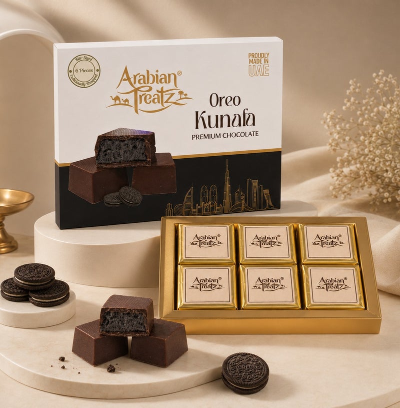 Arabian Treatz Oreo Kunafa Premium Chocolate Gift Box 120g | Luxury Milk Chocolate with Crispy Kunafa & Oreo Filling | 6 Pieces | Made in UAE - Image 1