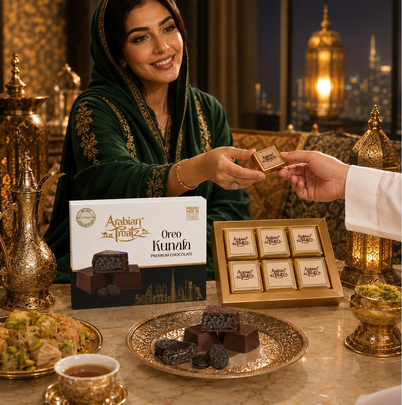 Arabian Treatz Oreo Kunafa Premium Chocolate Gift Box 120g | Luxury Milk Chocolate with Crispy Kunafa & Oreo Filling | 6 Pieces | Made in UAE - Image 2