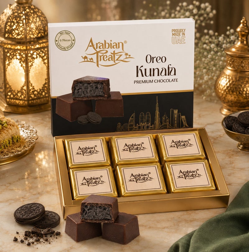 Arabian Treatz Oreo Kunafa Premium Chocolate Gift Box 120g | Luxury Milk Chocolate with Crispy Kunafa & Oreo Filling | 6 Pieces | Made in UAE - Image 3
