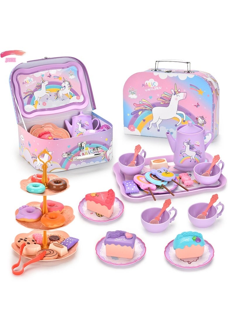 JAKTK Unicorn Kids  Party Set,48 PCS,Kids Kitchen Pretend Toy with COFFI Set, Desserts & Carrying Case,Princess Tea Time Kitchen Pretend Play Tea Set Toys (Unicorn)  - Image 1