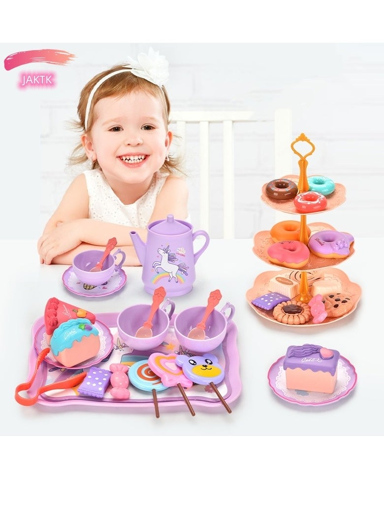 JAKTK Unicorn Kids  Party Set,48 PCS,Kids Kitchen Pretend Toy with COFFI Set, Desserts & Carrying Case,Princess Tea Time Kitchen Pretend Play Tea Set Toys (Unicorn)  - Image 2