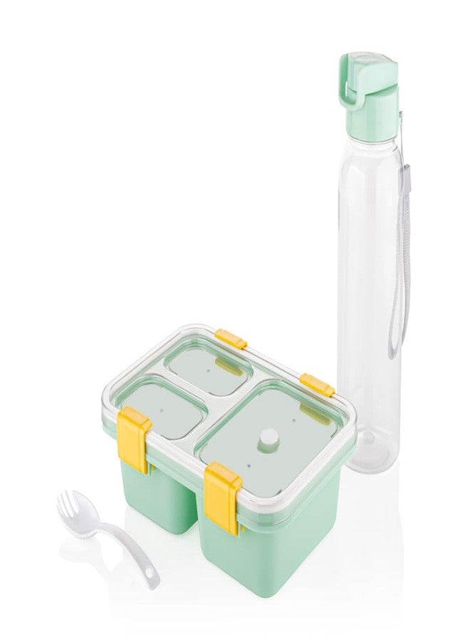 NHD Lunch Box with 500ml Bottle Water Blue Combo, 3 Compartment Leak Resistant Microwave Safe BPA-Free Tiffin Box Ideal for Office, School, Travel, School with a Spoon and Bottle (Pista) - Image 1