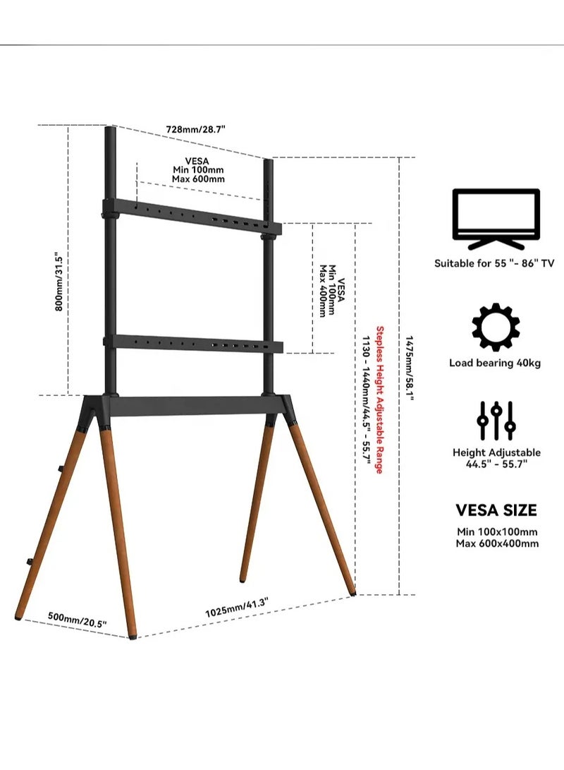 Hamood Classic Easel Studio Black 55 - 86 inch Floor Standing TV Mount Cart with 4 Wood Legs VESA 600x400mm - Image 3