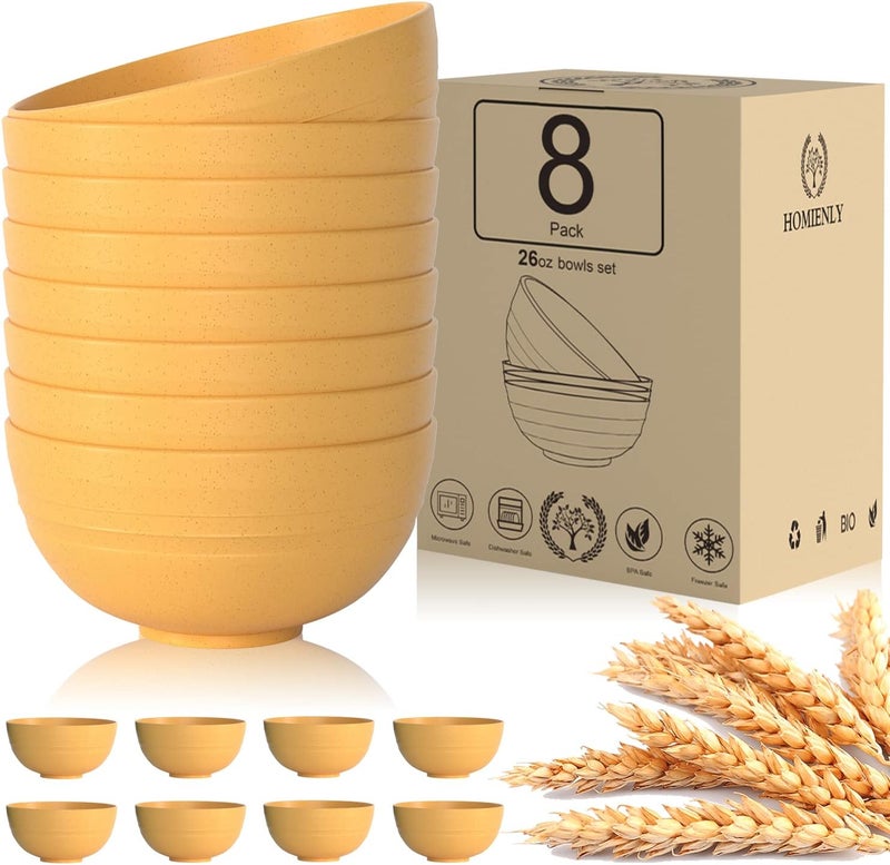 Homienly Cereal Bowl Set Wheat Straw Bowls Set of 8 Alternative to Plastic Bowls Reusable Unbreakable Lightweight Bowl for Kitchen Outdoor Party Micriwave Safe Cereal Bowl Yellow 26 OZ - Image 1