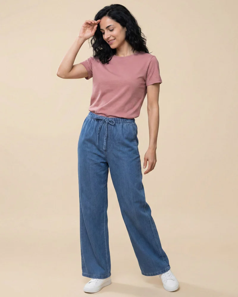 REDTAG Women Blue Straight Fit Elasticated Long Length Pants