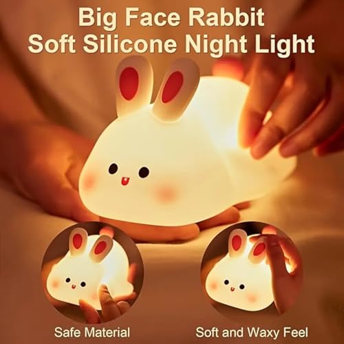 GITGRNTH Bunny Night Light for Kids Room, Rabbit Night Light, Tap and Touch Color Changing Cute Night Lights Lamp, Rechargeable Silicone Cute Nursery Lamp(Big Face Rabbit, Regular) - Image 5