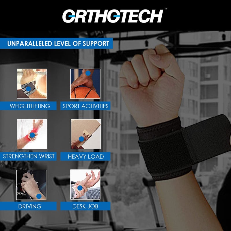 Orthotech Pack of 2 - Neoprene Grade Wrist Wrap Braces Support Band for Gymnastics Weight Lifting Powerlifting for Men and Women (Black) - Image 2