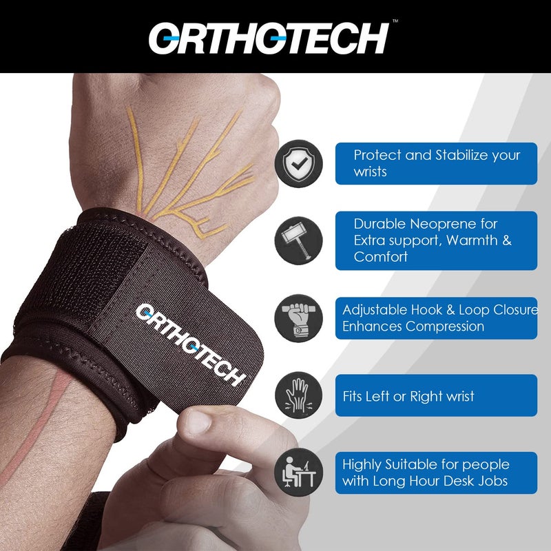 Orthotech Pack of 2 - Neoprene Grade Wrist Wrap Braces Support Band for Gymnastics Weight Lifting Powerlifting for Men and Women (Black) - Image 3