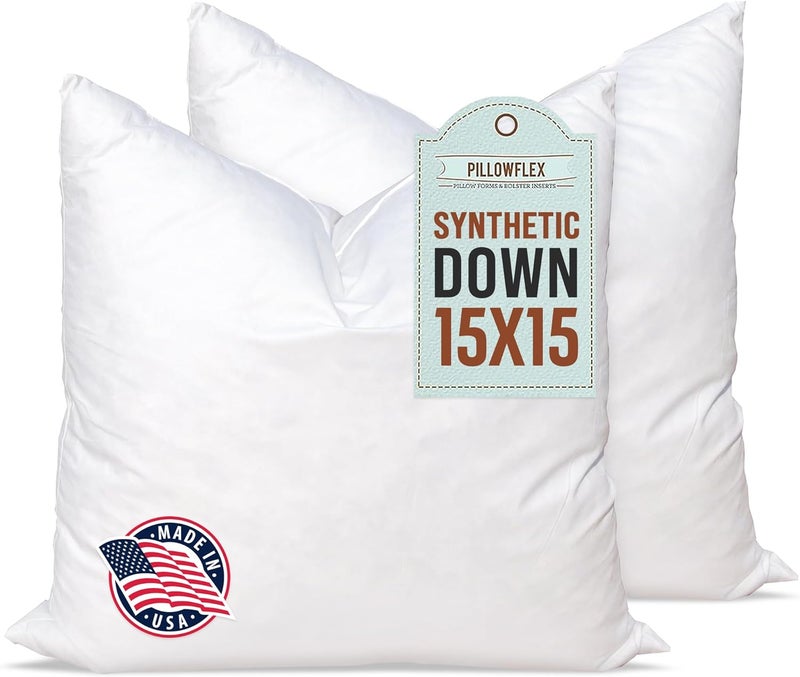 PILLOWFLEX Synthetic Down Alternative Pillow Inserts for Shams - Comfy Pillows for Sleeping, Perfect Pillow & Best Sleeping Pillows, Handmade Down Alternative Throw Pillow Inserts - (15x15 Set of 2) - Image 1