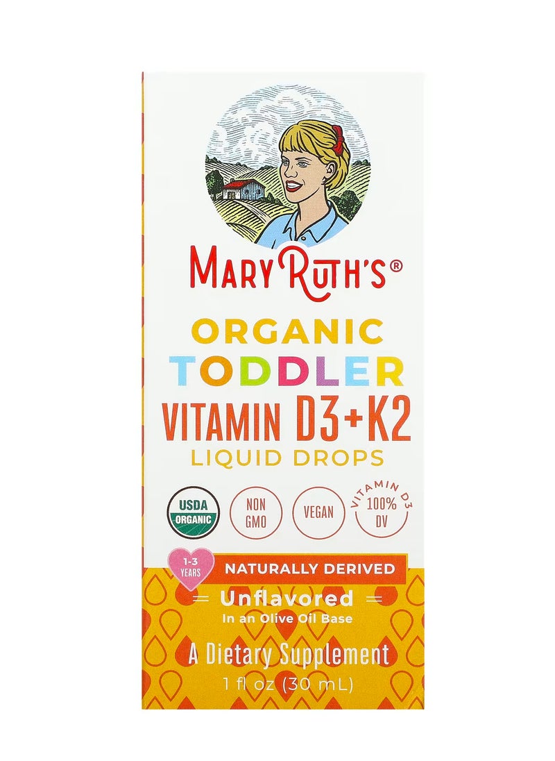 MaryRuth's قطرات فيتامين د 3 + ك 2 العضوية للرضع العضوي ، 1-3 سنوات ، بدون نكهات ، 1 أونصة سائلة (30 مل)