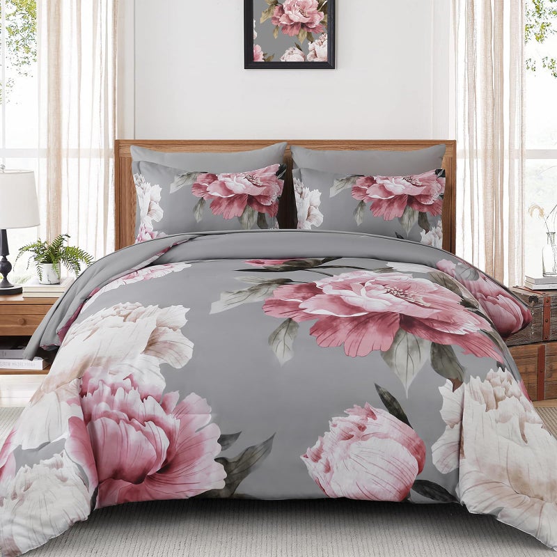 Dobuyly Pink and Grey Comforter Set Queen Size 7 Piece Bed in a Bag Floral Printed on Gray Comforter Set with Sheets Soft Microfiber Botanical Complete Bedding Set for All Season