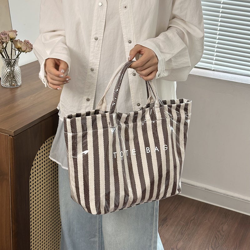 Women's Textured Tote Bag with Stripe Contrast, Large Capacity - Image 1