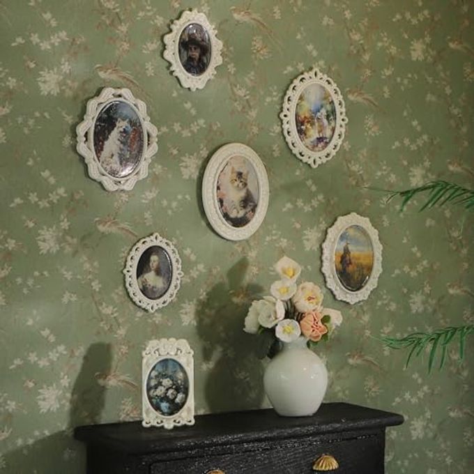 112 SCALE ACCESSORIES OF TINY FRAMES 7PCS WITH 14 MINIATURE PICTURES SET FOR DOLLHOUSE MINIATURES DCOR ALSO ELF ACCESSORIES CLASSIC EXQUISITE WHITE TINY FRAME ART
