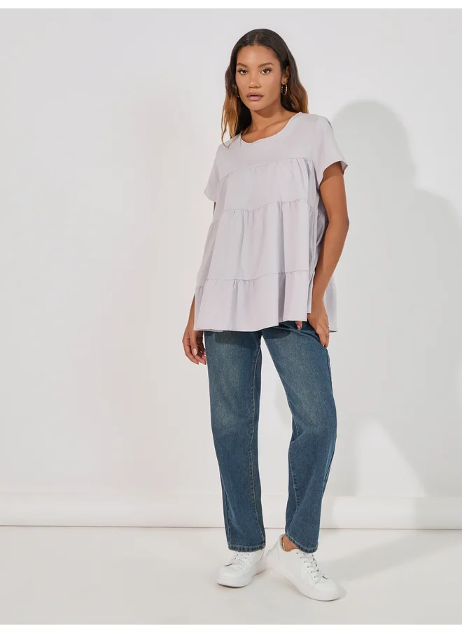 Aria Romance ARIA ROMANCE Solid Round Neck Tiered Detail Top