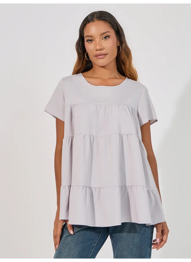Aria Romance ARIA ROMANCE Solid Round Neck Tiered Detail Top