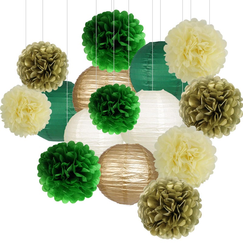Green Gold Party Decorations  Gold Green Hanging Paper Lanterns and Pom Poms Flowers for Woodland Baby Shower Graduation Green Birthday Party Decor 15PCS