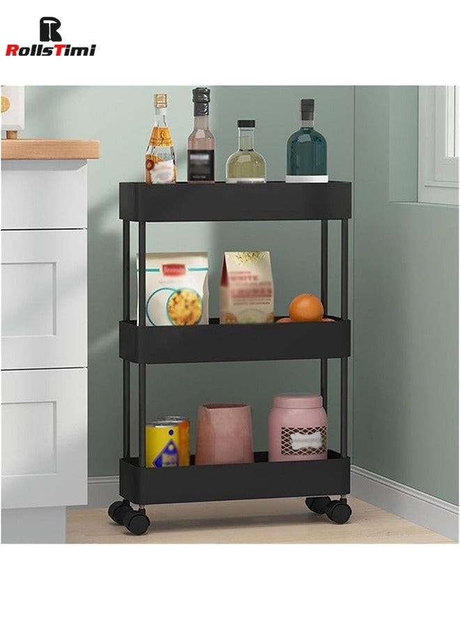 RollsTimi  3-Tier Plastic Storage Organizer Rolling Cart with Slim Shelves in Black - Image 2