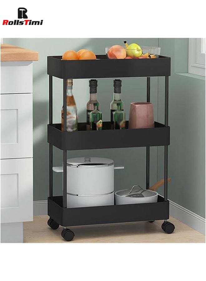 RollsTimi  3-Tier Plastic Storage Organizer Rolling Cart with Slim Shelves in Black - Image 1