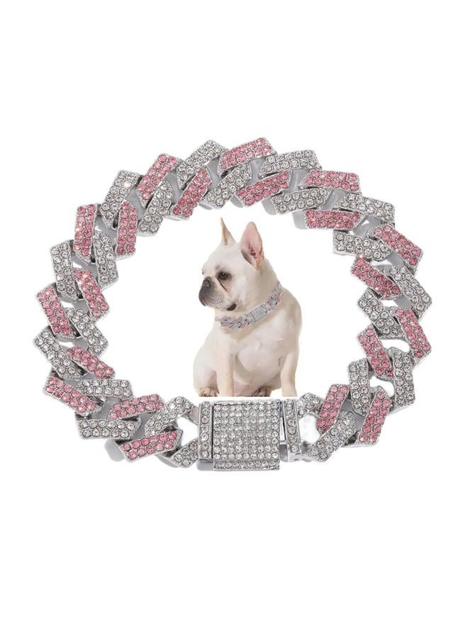 WeimoMonkey Dog Chain Collars, Diamond Necklace Rhinestone Bling Glitter Metal Choke Cuban Link Dog Collar, 14mm Wide Pet Jewelry for Puppy XS Small Medium Large Dogs Cats,Pink (8inch) - Image 1