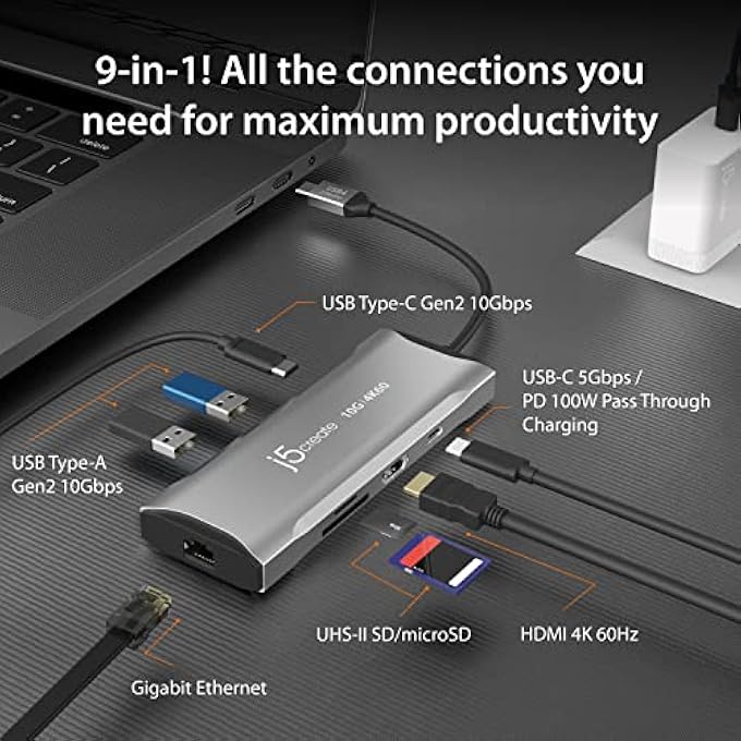 j5create USB C HUB - 4K 60HZ HDMI, USB-C 10GBPS, 2 USB-A 10GBPS, 100W PD WITH USB-C 5GBPS, ETHERNET, SD 4.0 CARD READER | FOR MACBOOK, XPS, SURFACE PRO (JCD393) - Image 2