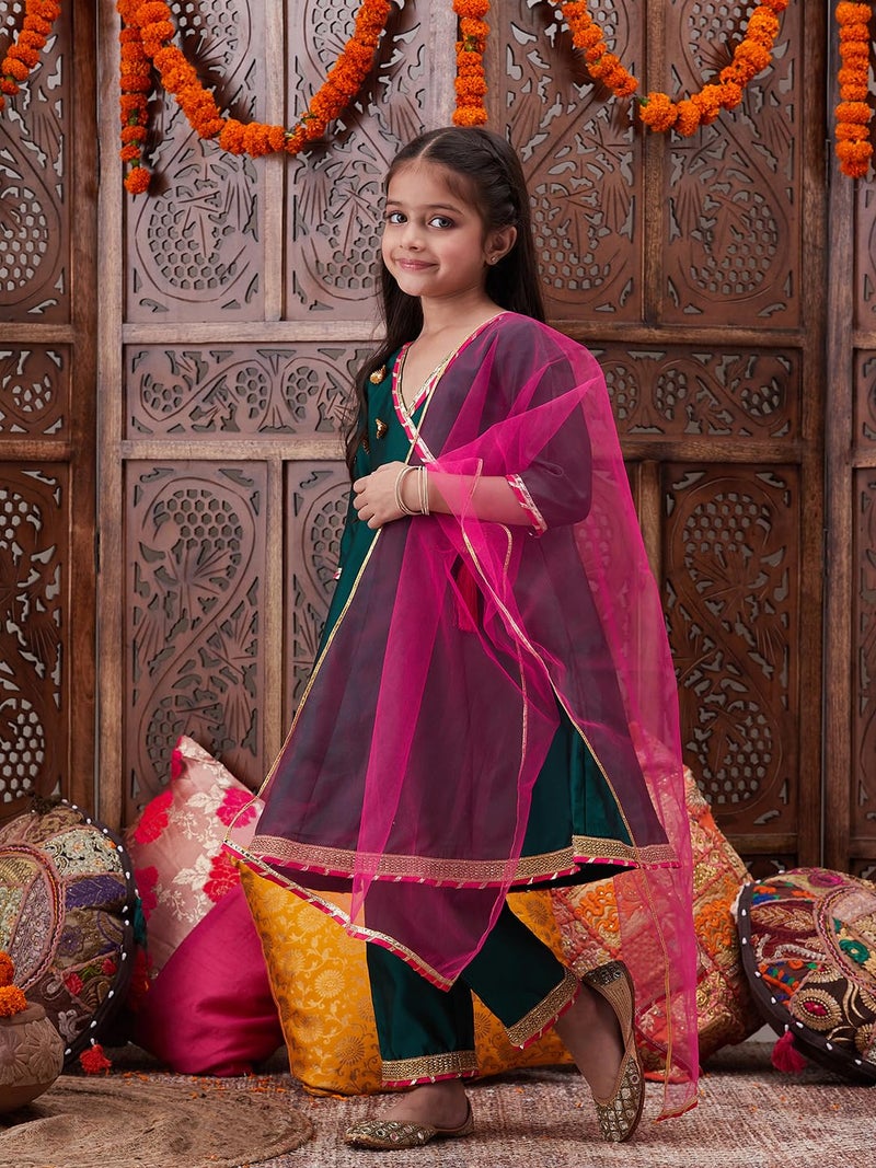 Pspeaches Girls Floral Yoke Design Angrakha Gotta Patti A Line Kurta With Trousers & Dupatta - Image 2