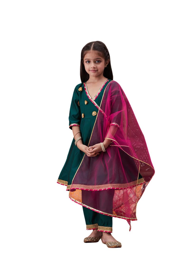 Pspeaches Girls Floral Yoke Design Angrakha Gotta Patti A Line Kurta With Trousers & Dupatta - Image 1