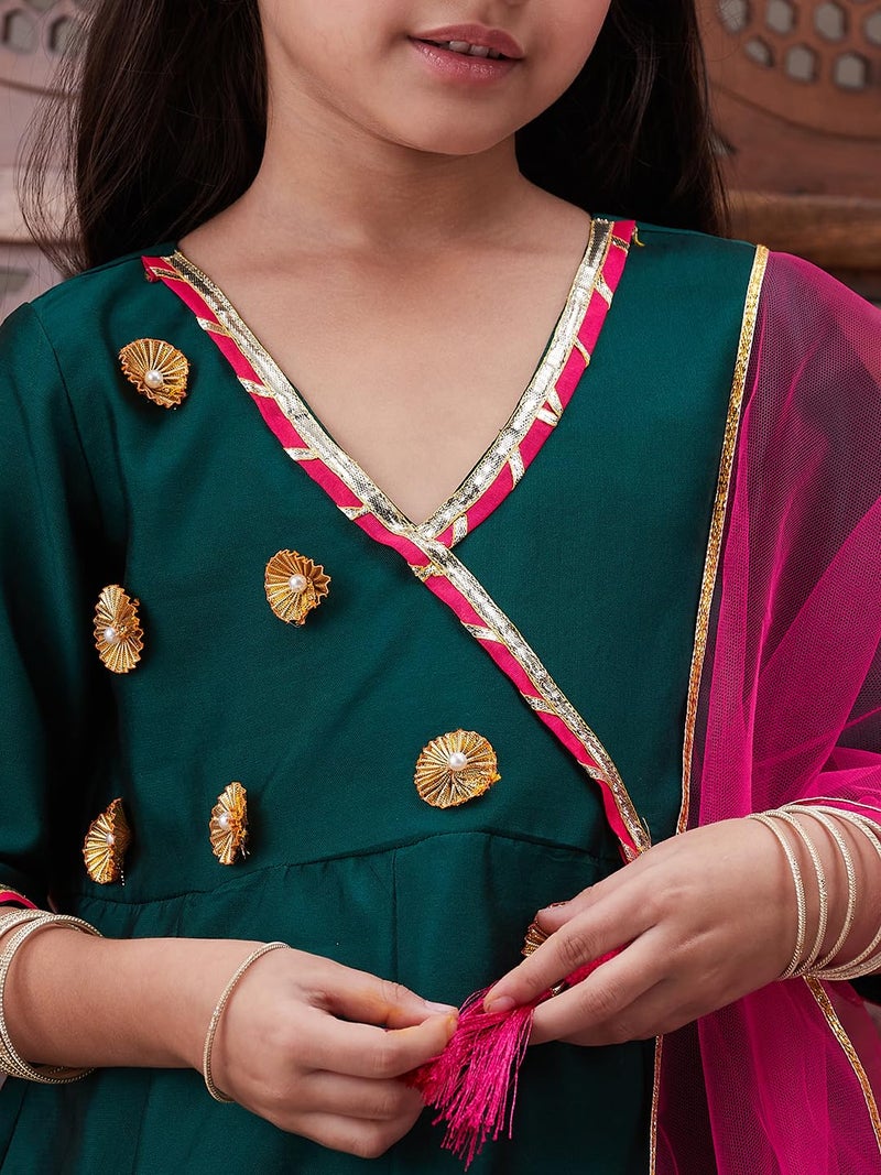 Pspeaches Girls Floral Yoke Design Angrakha Gotta Patti A Line Kurta With Trousers & Dupatta - Image 3
