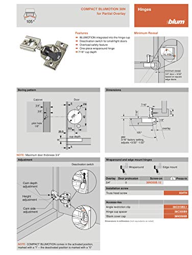 Blum 38N355B.12 Compact BLUMOTION 38N Hinge, Soft-Close, 105 Degree, 3/4 Overlay, Screw-on (Pack of 10) - Image 4