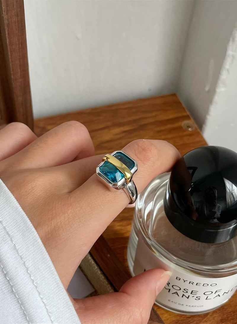 خاتم نسائي مطلي بالفضة والذهب بلونين - خاتم زينة بحجر كريم أزرق - أنيق وفاخر - Image 3