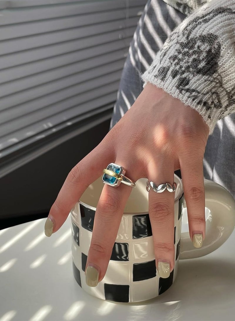 خاتم نسائي مطلي بالفضة والذهب بلونين - خاتم زينة بحجر كريم أزرق - أنيق وفاخر - Image 4