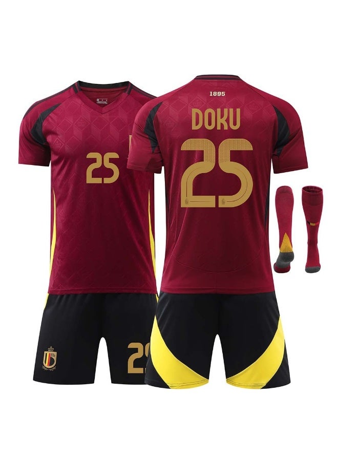 24 Belgium Home Football Jersey DOKU #25 Football Jersey/Shorts Socks Gift Set Kids Size u0026 Adult Size for Fans u0026 Friends - Image 1