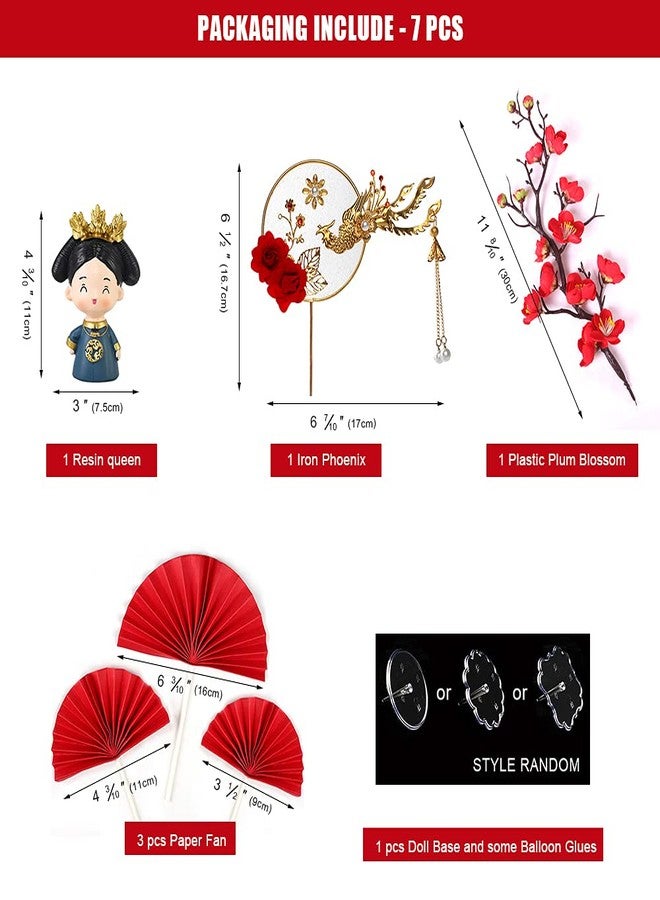Aprildecember Traditional Chinese Wedding Cake Toppers - Set of 7 - Queen Figurine, Plum Blossom, Phoenix, 3 pcs Fans and Doll Base - Image 2