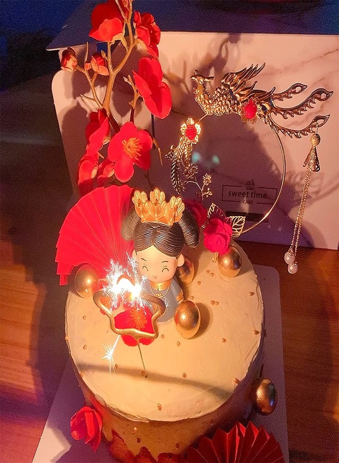 Aprildecember Traditional Chinese Wedding Cake Toppers - Set of 7 - Queen Figurine, Plum Blossom, Phoenix, 3 pcs Fans and Doll Base - Image 3