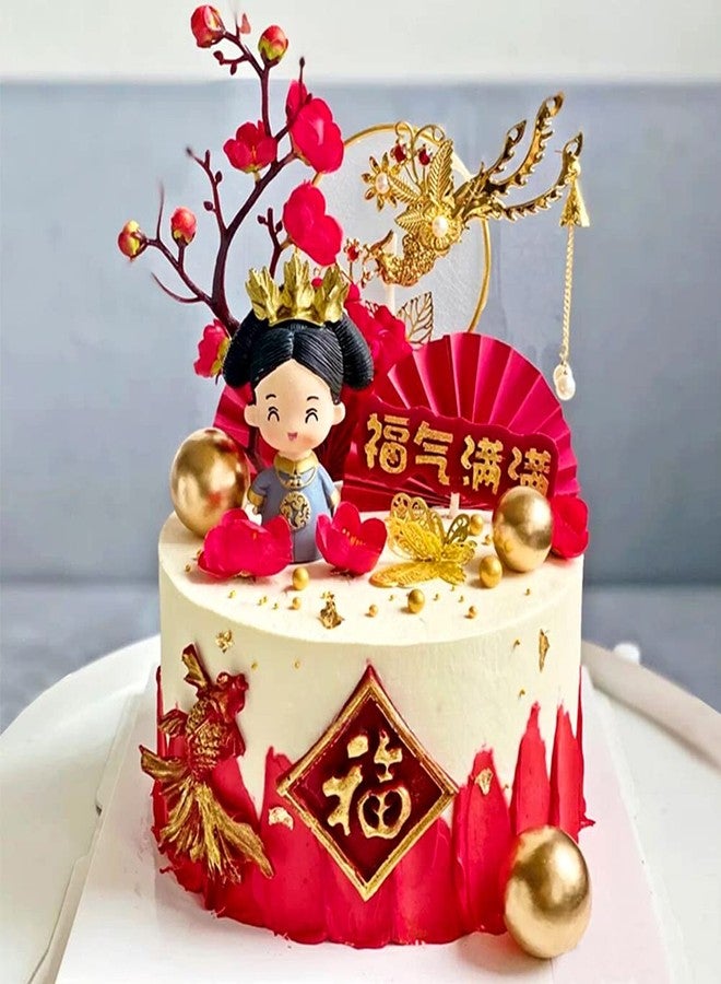 Aprildecember Traditional Chinese Wedding Cake Toppers - Set of 7 - Queen Figurine, Plum Blossom, Phoenix, 3 pcs Fans and Doll Base - Image 5