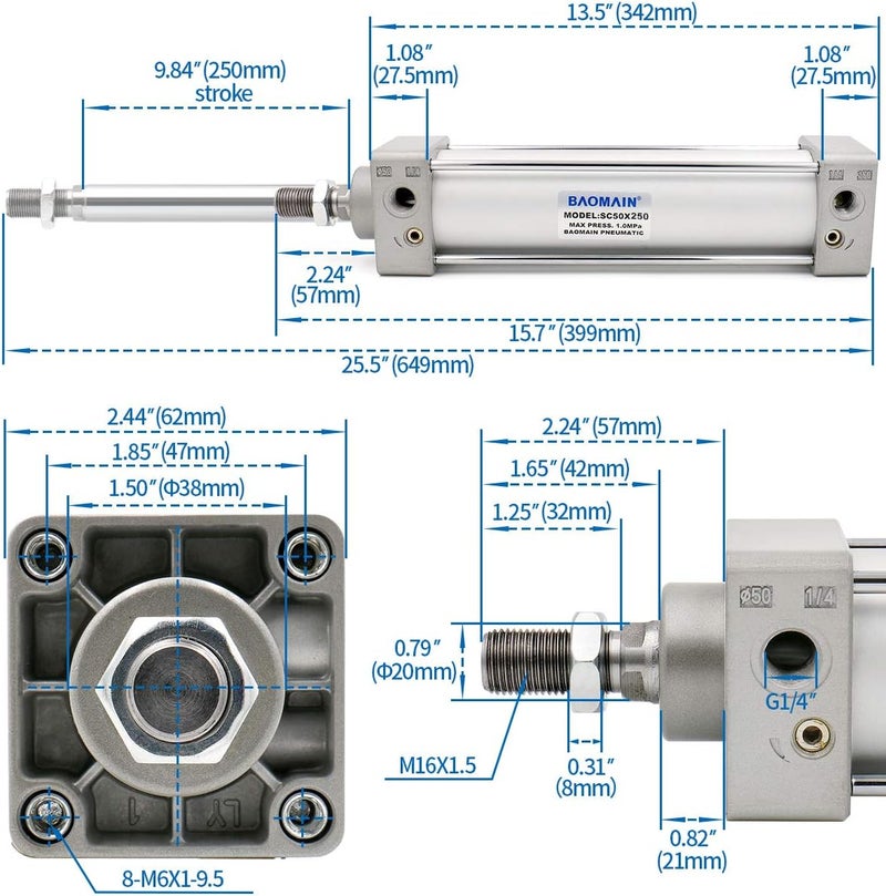 Baomain Pneumatic Air Cylinder SC 50 x 250,PT 1/4, Bore 2 inch(50mm), Stroke 10 inch(250mm),Dual Action 1 Mpa,for Industrial Machinery - Image 2